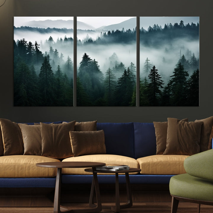 The Captivating Misty Forest Wall Art Premium Canvas Print, featuring a foggy and serene atmosphere on museum-quality canvases with a UV-protective coating, adorns the wall.