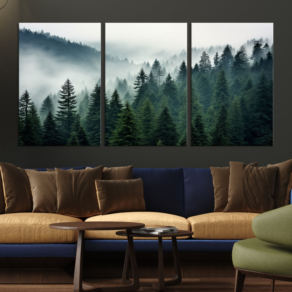 The Captivating Misty Forest Wall Art Premium Canvas Print portrays a foggy and serene atmosphere. This enchanting piece is displayed across three panels, each gallery wrapped for a seamless, sophisticated look.