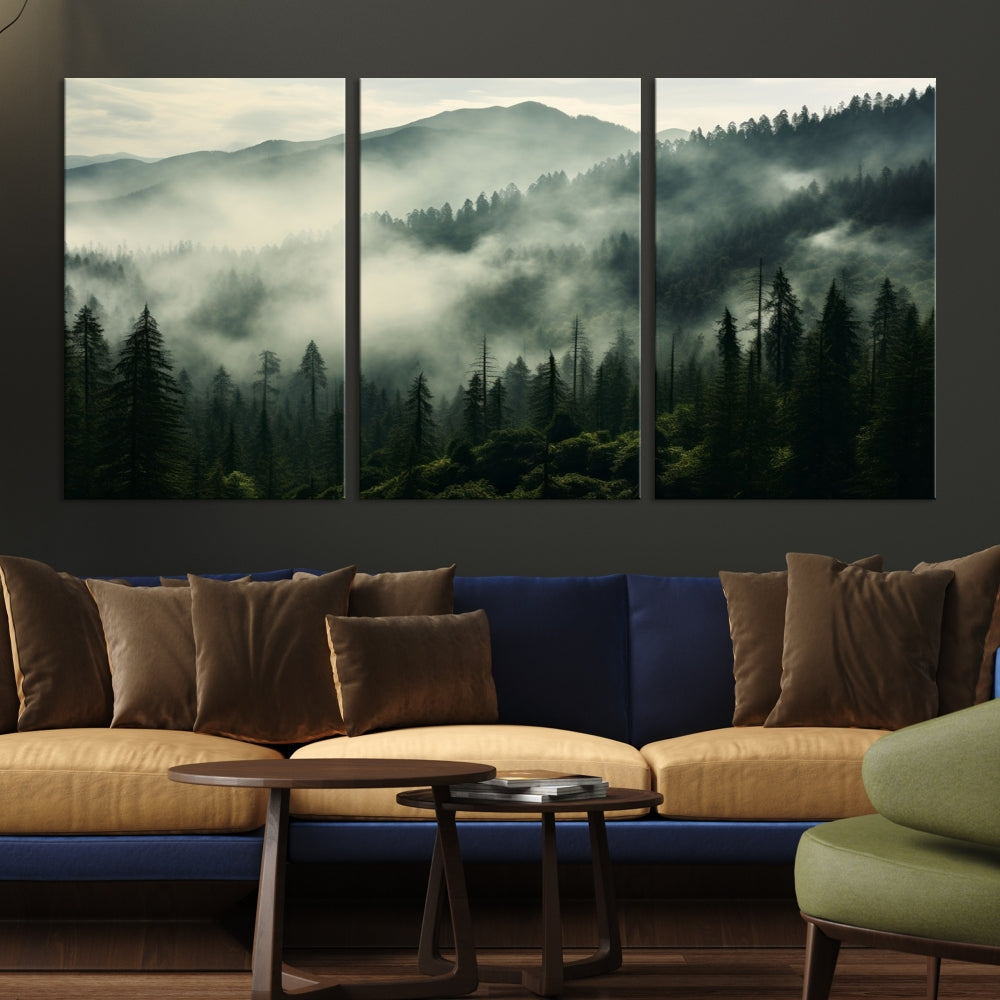 The "Captivating Misty Forest" wall art is a three-panel masterpiece that brings a foggy and serene atmosphere to the space. Printed on museum-quality canvas with a UV-protective coating, this piece offers an inviting and modern touch, ready to hang.