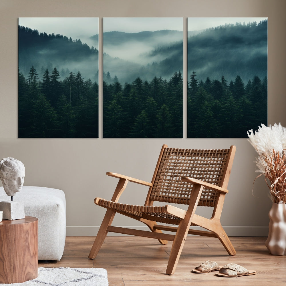 The Captivating Misty Forest Wall Art Premium Canvas Print adds a foggy and serene atmosphere to the living room with its large triptych on gallery-wrapped museum-quality canvas.