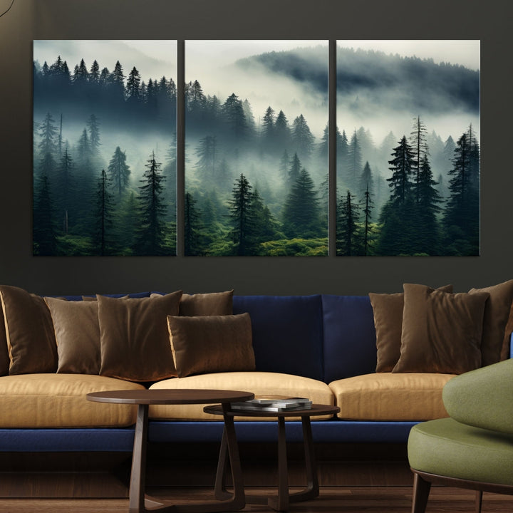 The Captivating Misty Forest Wall Art Premium Canvas Print creates a foggy and serene atmosphere in the living room. Each canvas is ready to hang and comes with a UV-protective coating to ensure lasting beauty.