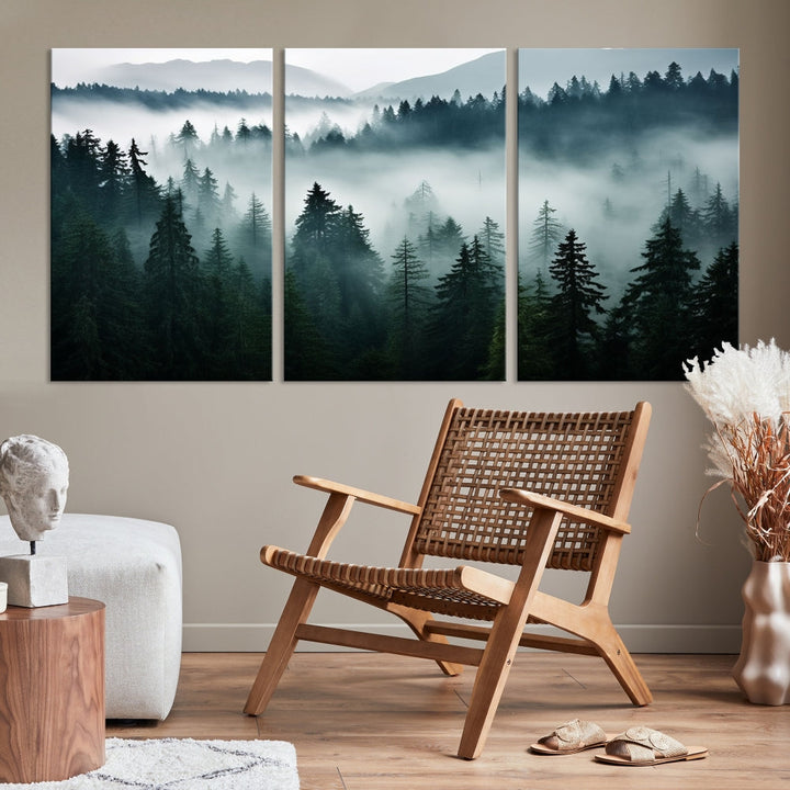 The Captivating Misty Forest Wall Art Premium Canvas Print, featuring a foggy and serene atmosphere on museum-quality canvases with a UV-protective coating, adorns the wall.