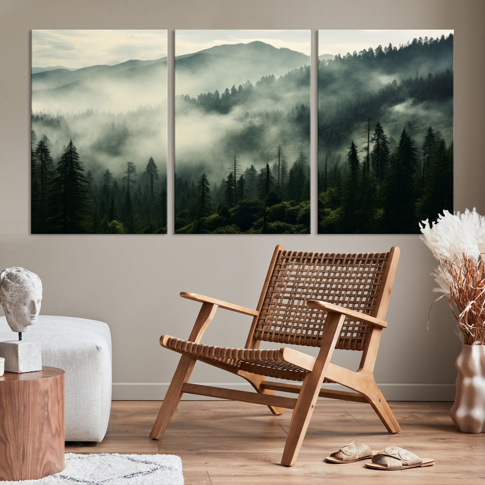 The "Captivating Misty Forest" wall art is a three-panel masterpiece that brings a foggy and serene atmosphere to the space. Printed on museum-quality canvas with a UV-protective coating, this piece offers an inviting and modern touch, ready to hang.