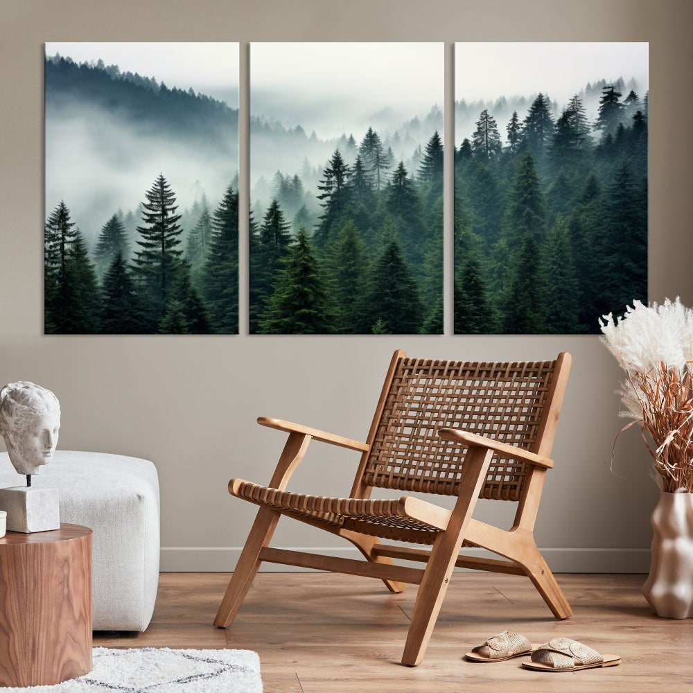 The Captivating Misty Forest Wall Art Premium Canvas Print portrays a foggy and serene atmosphere. This enchanting piece is displayed across three panels, each gallery wrapped for a seamless, sophisticated look.