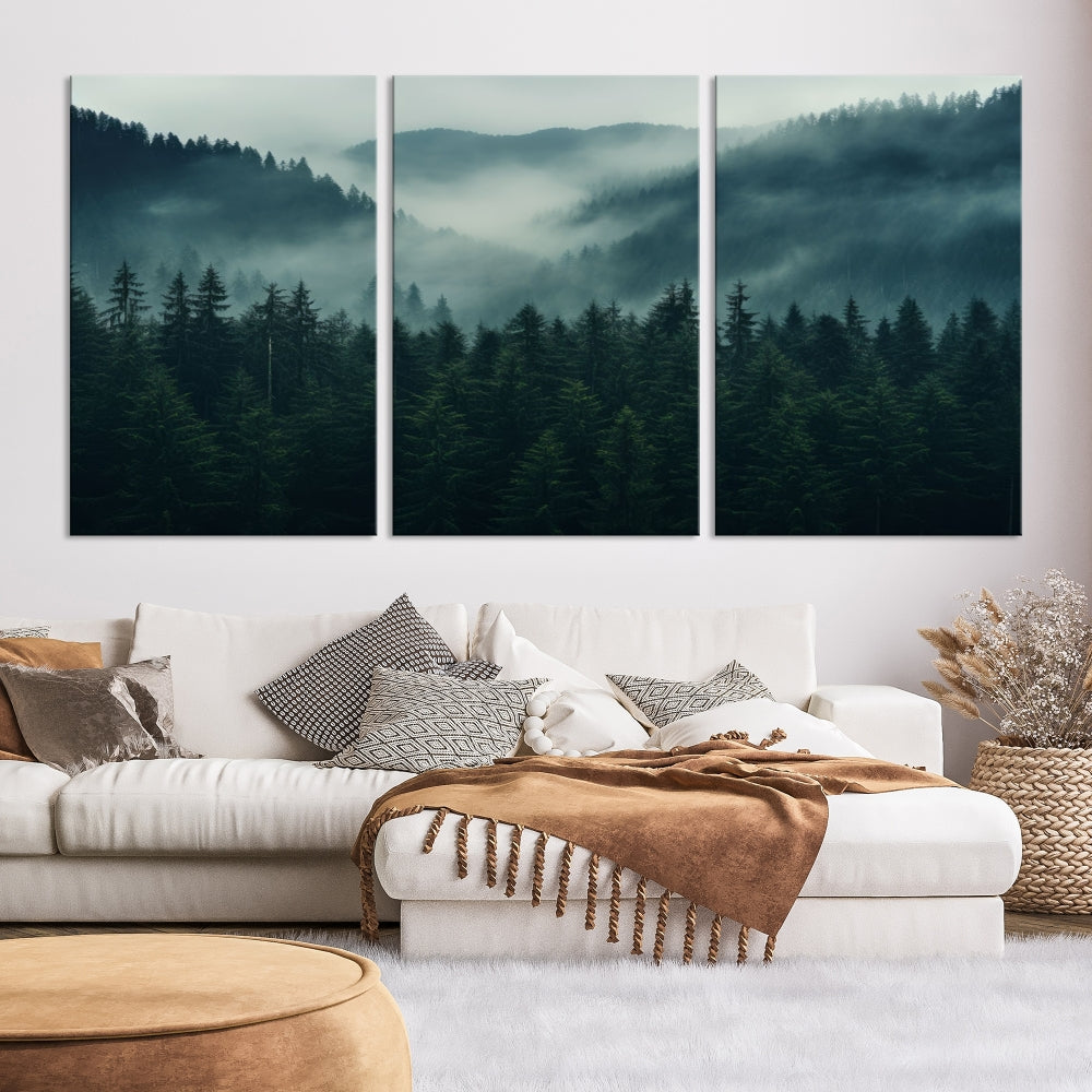 The Captivating Misty Forest Wall Art Premium Canvas Print adds a foggy and serene atmosphere to the living room with its large triptych on gallery-wrapped museum-quality canvas.