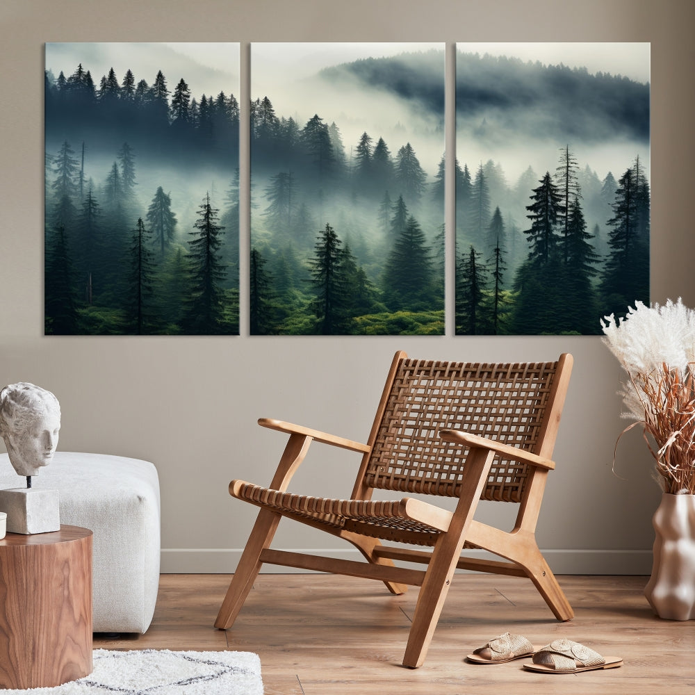 The Captivating Misty Forest Wall Art Premium Canvas Print creates a foggy and serene atmosphere in the living room. Each canvas is ready to hang and comes with a UV-protective coating to ensure lasting beauty.