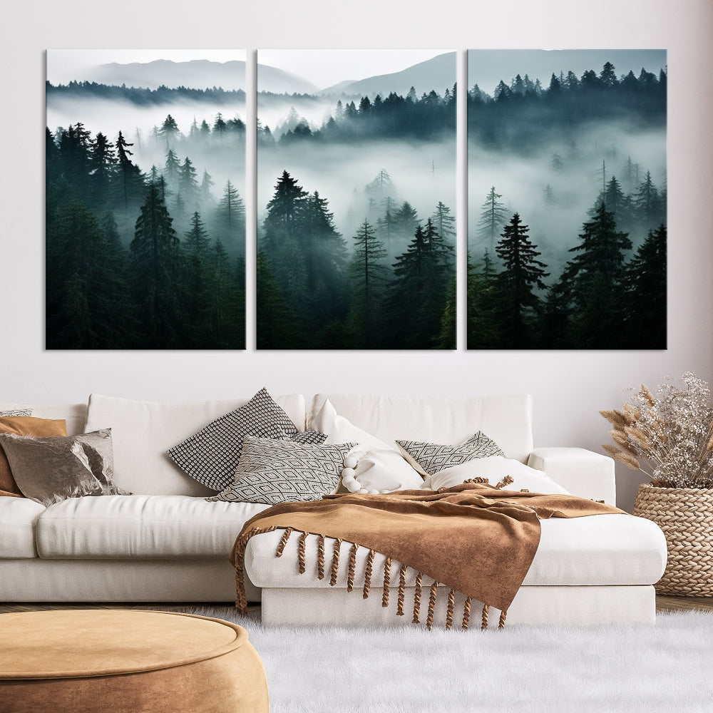 The Captivating Misty Forest Wall Art Premium Canvas Print, featuring a foggy and serene atmosphere on museum-quality canvases with a UV-protective coating, adorns the wall.