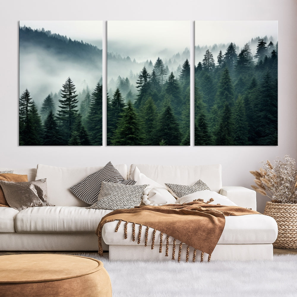 The Captivating Misty Forest Wall Art Premium Canvas Print portrays a foggy and serene atmosphere. This enchanting piece is displayed across three panels, each gallery wrapped for a seamless, sophisticated look.