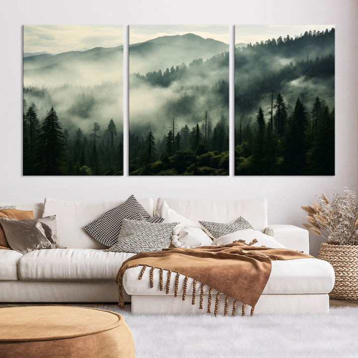 The "Captivating Misty Forest" wall art is a three-panel masterpiece that brings a foggy and serene atmosphere to the space. Printed on museum-quality canvas with a UV-protective coating, this piece offers an inviting and modern touch, ready to hang.