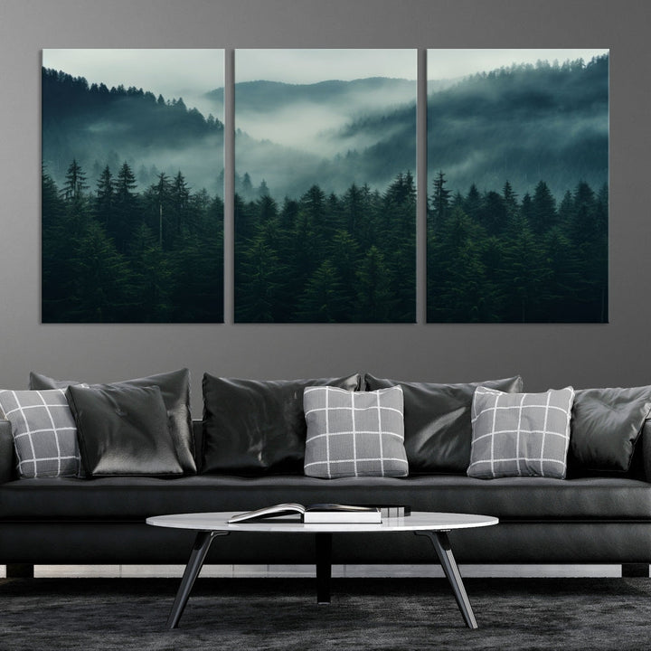 The Captivating Misty Forest Wall Art Premium Canvas Print adds a foggy and serene atmosphere to the living room with its large triptych on gallery-wrapped museum-quality canvas.