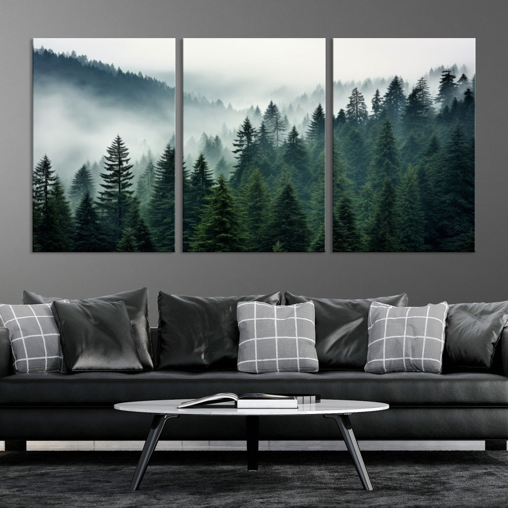 The Captivating Misty Forest Wall Art Premium Canvas Print portrays a foggy and serene atmosphere. This enchanting piece is displayed across three panels, each gallery wrapped for a seamless, sophisticated look.