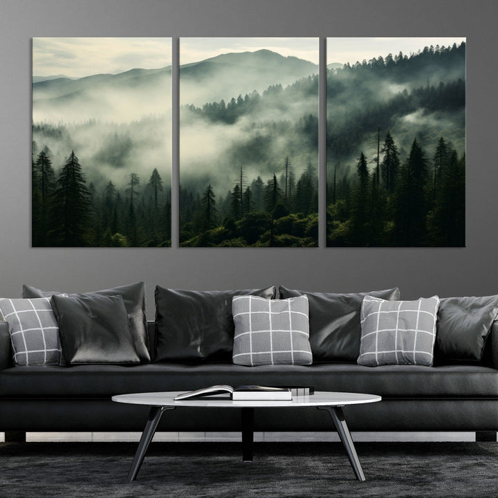 The "Captivating Misty Forest" wall art is a three-panel masterpiece that brings a foggy and serene atmosphere to the space. Printed on museum-quality canvas with a UV-protective coating, this piece offers an inviting and modern touch, ready to hang.