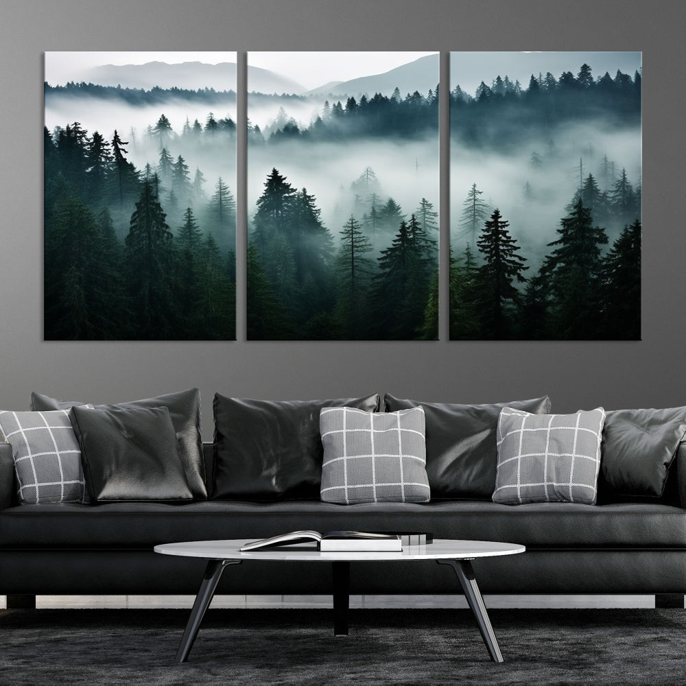 The Captivating Misty Forest Wall Art Premium Canvas Print, featuring a foggy and serene atmosphere on museum-quality canvases with a UV-protective coating, adorns the wall.