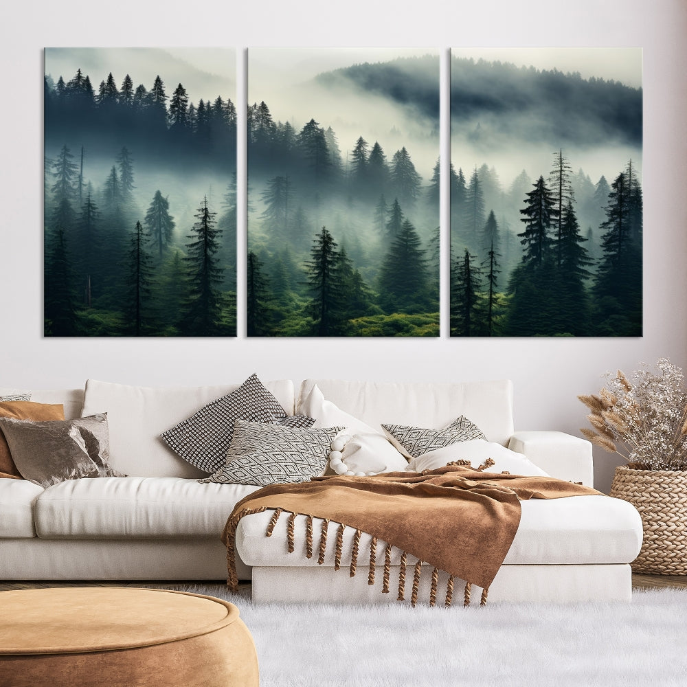 The Captivating Misty Forest Wall Art Premium Canvas Print creates a foggy and serene atmosphere in the living room. Each canvas is ready to hang and comes with a UV-protective coating to ensure lasting beauty.