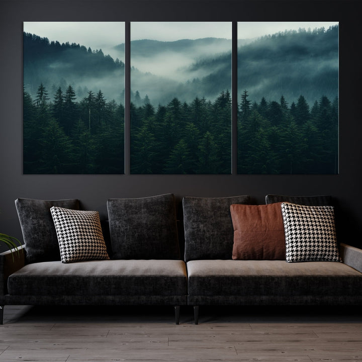 The Captivating Misty Forest Wall Art Premium Canvas Print adds a foggy and serene atmosphere to the living room with its large triptych on gallery-wrapped museum-quality canvas.