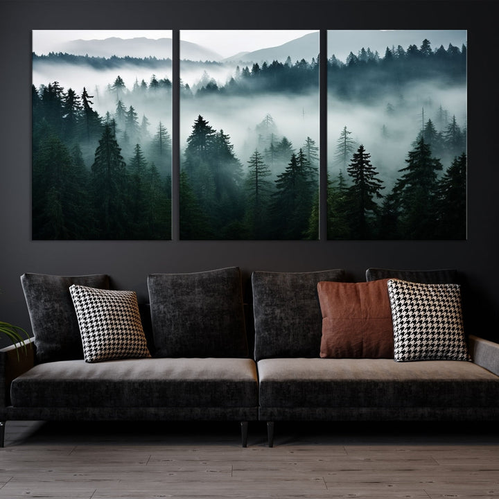 The Captivating Misty Forest Wall Art Premium Canvas Print, featuring a foggy and serene atmosphere on museum-quality canvases with a UV-protective coating, adorns the wall.