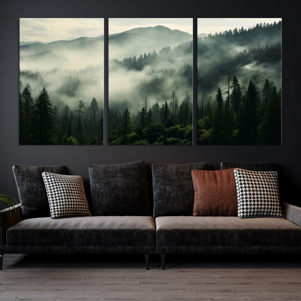 The "Captivating Misty Forest" wall art is a three-panel masterpiece that brings a foggy and serene atmosphere to the space. Printed on museum-quality canvas with a UV-protective coating, this piece offers an inviting and modern touch, ready to hang.