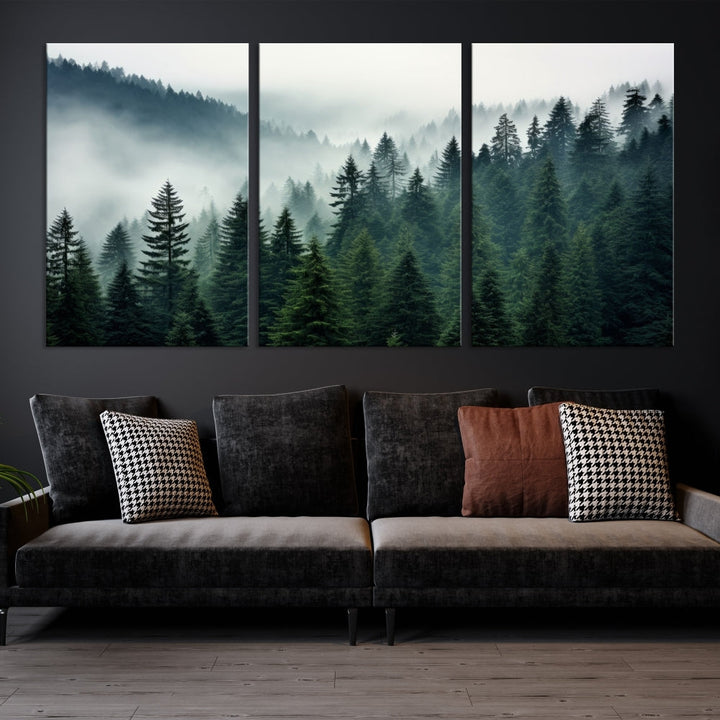 The Captivating Misty Forest Wall Art Premium Canvas Print portrays a foggy and serene atmosphere. This enchanting piece is displayed across three panels, each gallery wrapped for a seamless, sophisticated look.