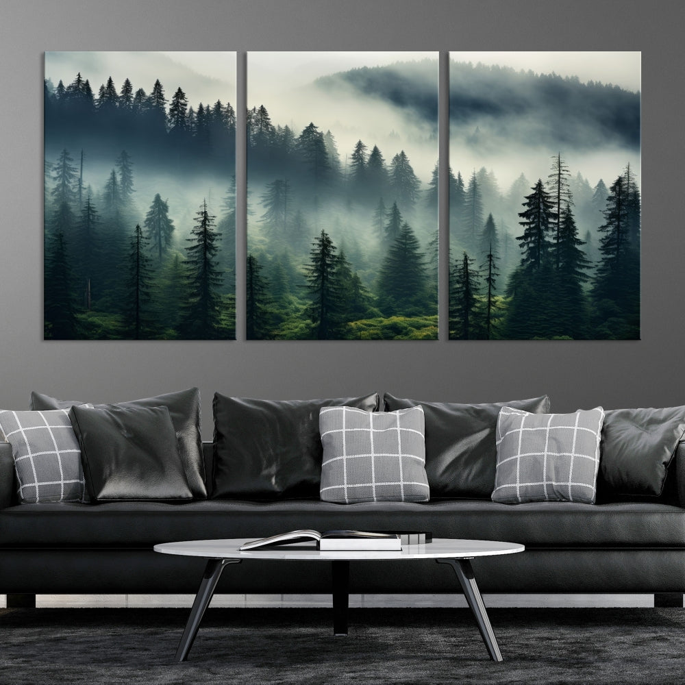 The Captivating Misty Forest Wall Art Premium Canvas Print creates a foggy and serene atmosphere in the living room. Each canvas is ready to hang and comes with a UV-protective coating to ensure lasting beauty.