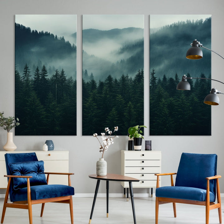 The Captivating Misty Forest Wall Art Premium Canvas Print adds a foggy and serene atmosphere to the living room with its large triptych on gallery-wrapped museum-quality canvas.