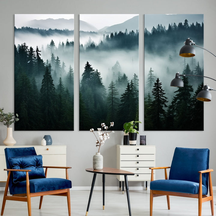 The Captivating Misty Forest Wall Art Premium Canvas Print, featuring a foggy and serene atmosphere on museum-quality canvases with a UV-protective coating, adorns the wall.