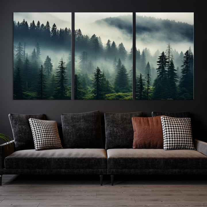 The Captivating Misty Forest Wall Art Premium Canvas Print creates a foggy and serene atmosphere in the living room. Each canvas is ready to hang and comes with a UV-protective coating to ensure lasting beauty.