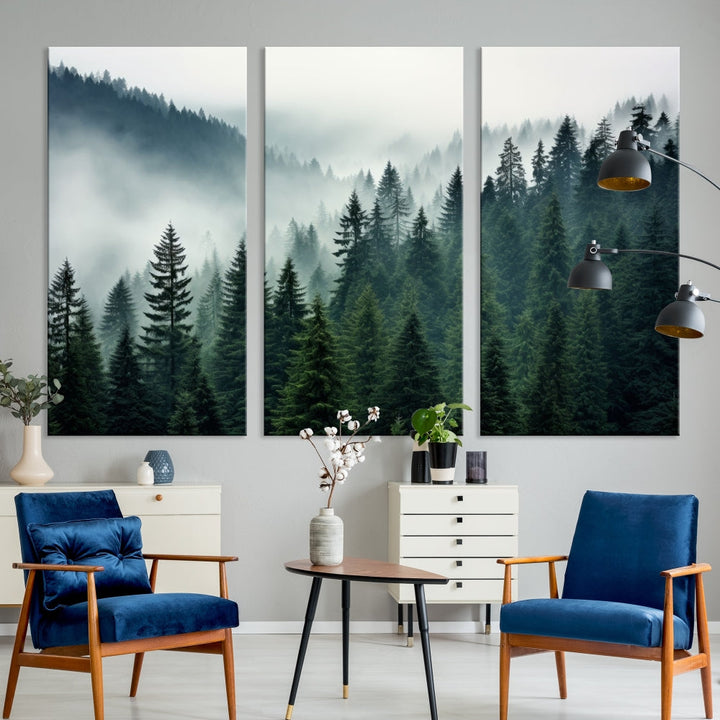 The Captivating Misty Forest Wall Art Premium Canvas Print portrays a foggy and serene atmosphere. This enchanting piece is displayed across three panels, each gallery wrapped for a seamless, sophisticated look.