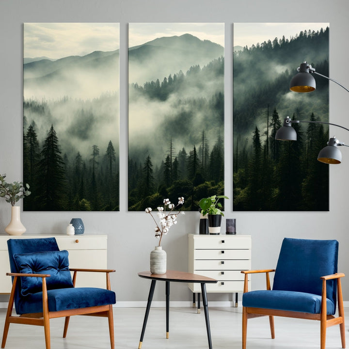 The "Captivating Misty Forest" wall art is a three-panel masterpiece that brings a foggy and serene atmosphere to the space. Printed on museum-quality canvas with a UV-protective coating, this piece offers an inviting and modern touch, ready to hang.