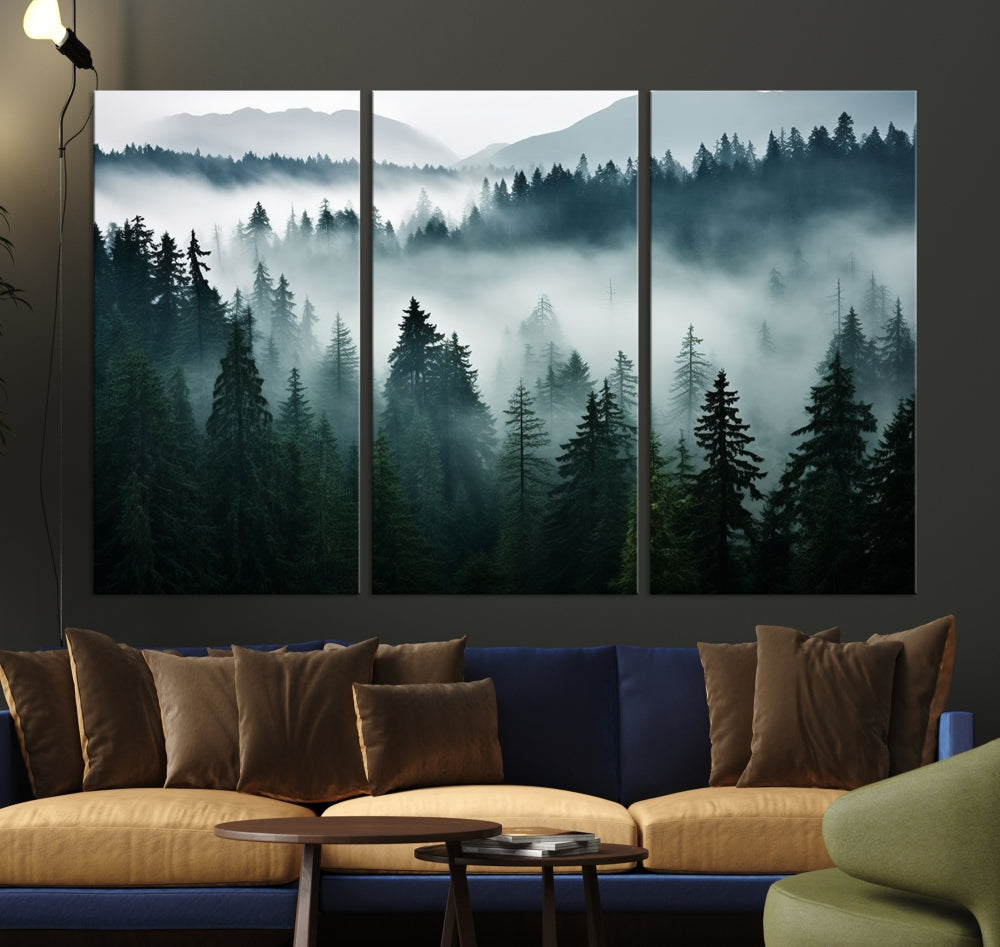 The Captivating Misty Forest Wall Art Premium Canvas Print, featuring a foggy and serene atmosphere on museum-quality canvases with a UV-protective coating, adorns the wall.