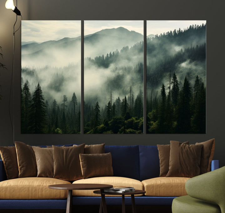 The "Captivating Misty Forest" wall art is a three-panel masterpiece that brings a foggy and serene atmosphere to the space. Printed on museum-quality canvas with a UV-protective coating, this piece offers an inviting and modern touch, ready to hang.