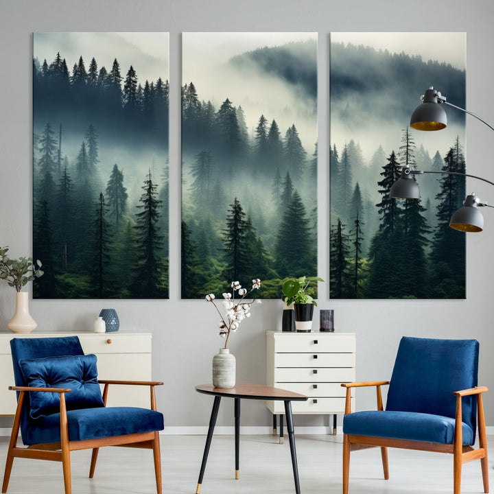 The Captivating Misty Forest Wall Art Premium Canvas Print creates a foggy and serene atmosphere in the living room. Each canvas is ready to hang and comes with a UV-protective coating to ensure lasting beauty.