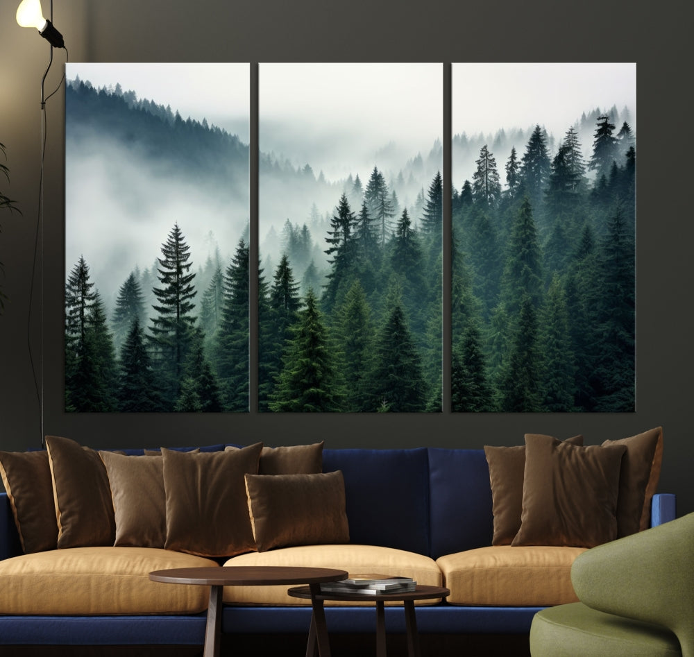 The Captivating Misty Forest Wall Art Premium Canvas Print portrays a foggy and serene atmosphere. This enchanting piece is displayed across three panels, each gallery wrapped for a seamless, sophisticated look.