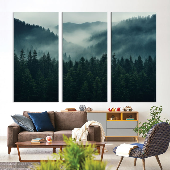 The Captivating Misty Forest Wall Art Premium Canvas Print adds a foggy and serene atmosphere to the living room with its large triptych on gallery-wrapped museum-quality canvas.