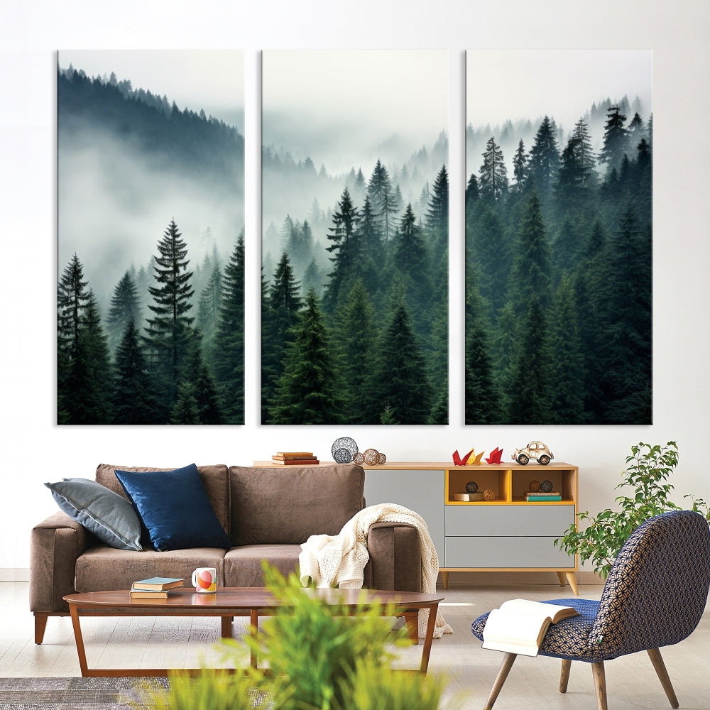 The Captivating Misty Forest Wall Art Premium Canvas Print portrays a foggy and serene atmosphere. This enchanting piece is displayed across three panels, each gallery wrapped for a seamless, sophisticated look.