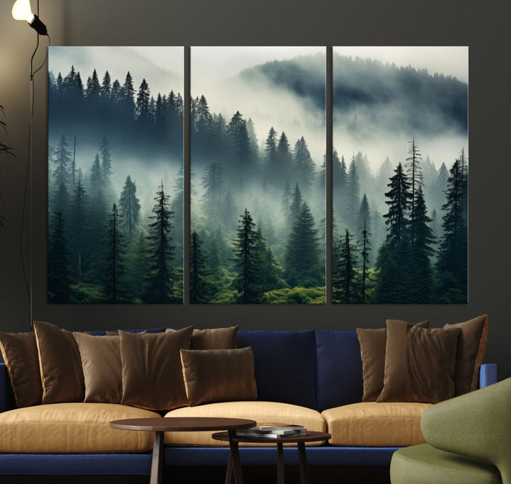 The Captivating Misty Forest Wall Art Premium Canvas Print creates a foggy and serene atmosphere in the living room. Each canvas is ready to hang and comes with a UV-protective coating to ensure lasting beauty.