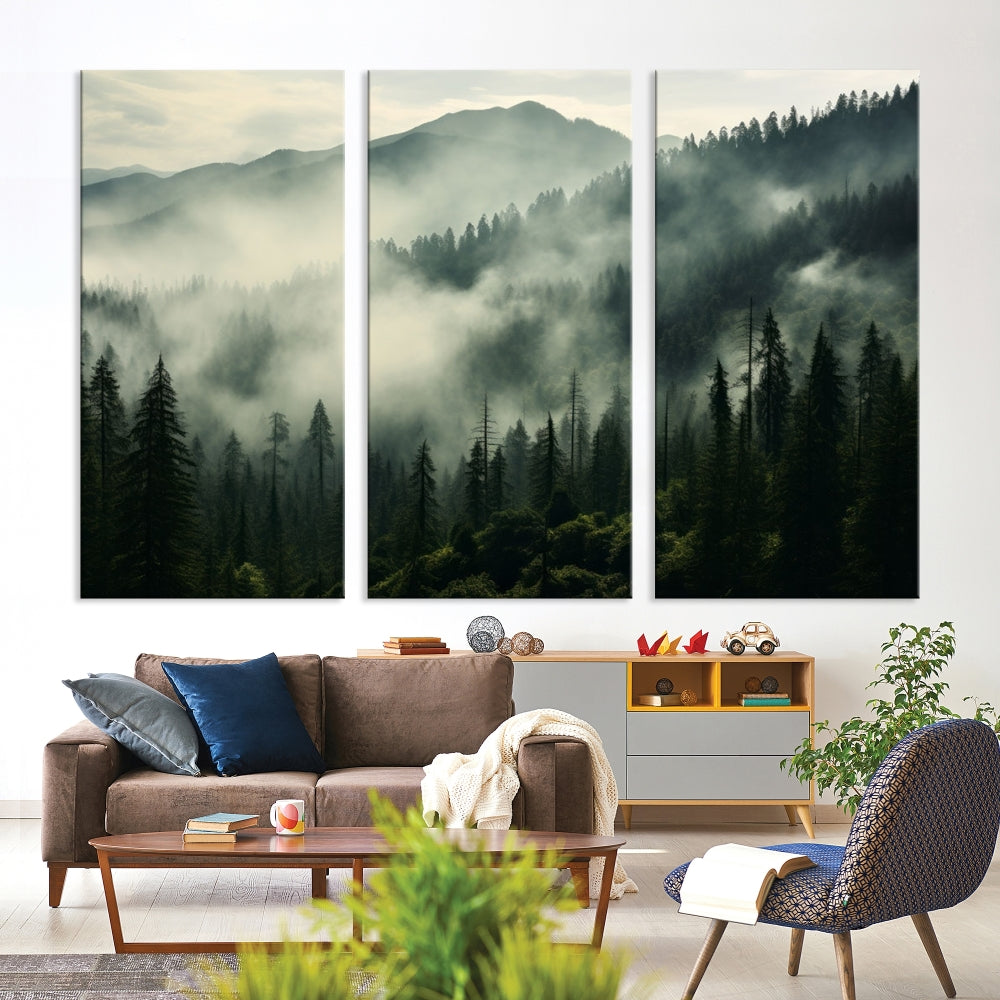 The "Captivating Misty Forest" wall art is a three-panel masterpiece that brings a foggy and serene atmosphere to the space. Printed on museum-quality canvas with a UV-protective coating, this piece offers an inviting and modern touch, ready to hang.