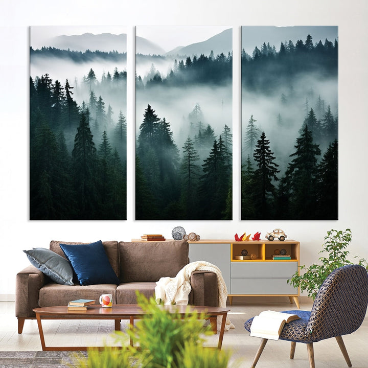 The Captivating Misty Forest Wall Art Premium Canvas Print, featuring a foggy and serene atmosphere on museum-quality canvases with a UV-protective coating, adorns the wall.