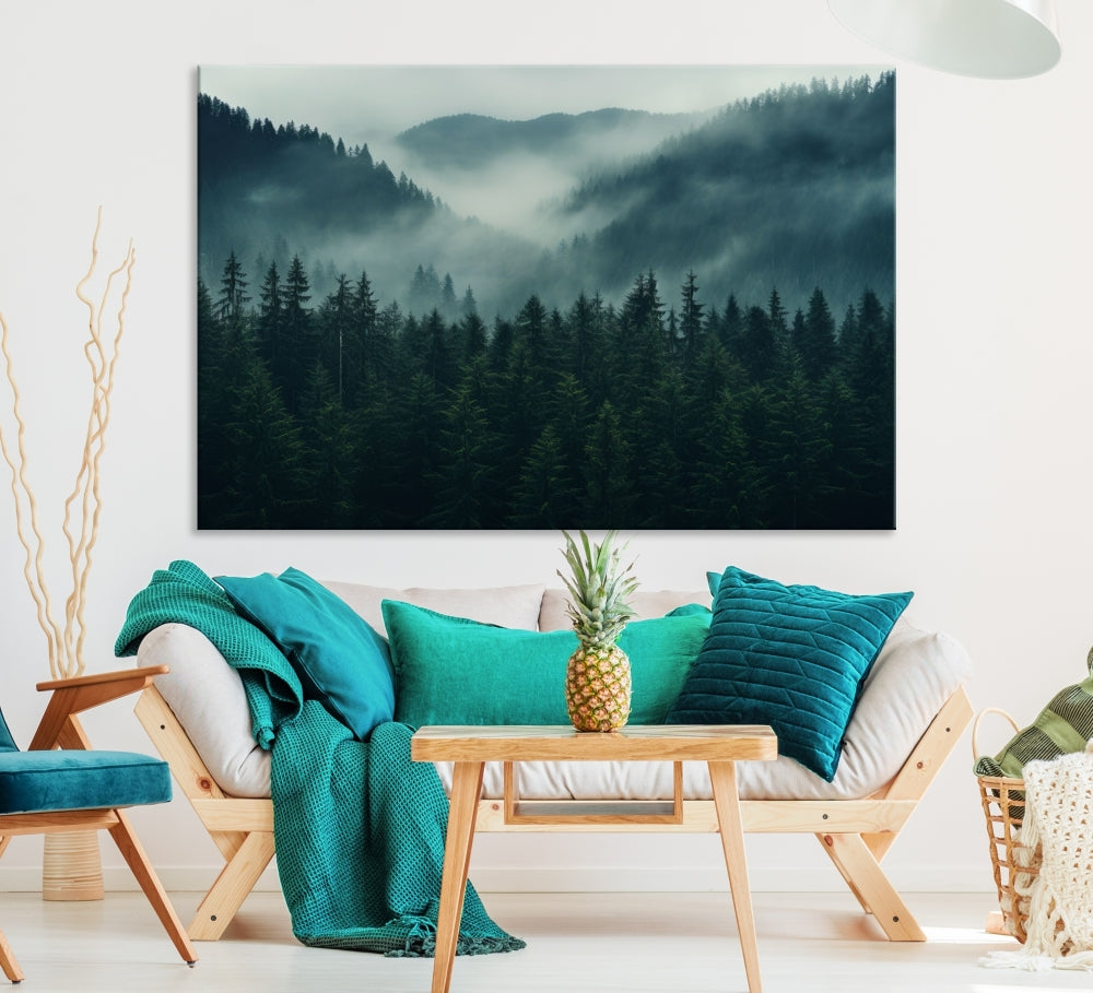 The Captivating Misty Forest Wall Art Premium Canvas Print adds a foggy and serene atmosphere to the living room with its large triptych on gallery-wrapped museum-quality canvas.