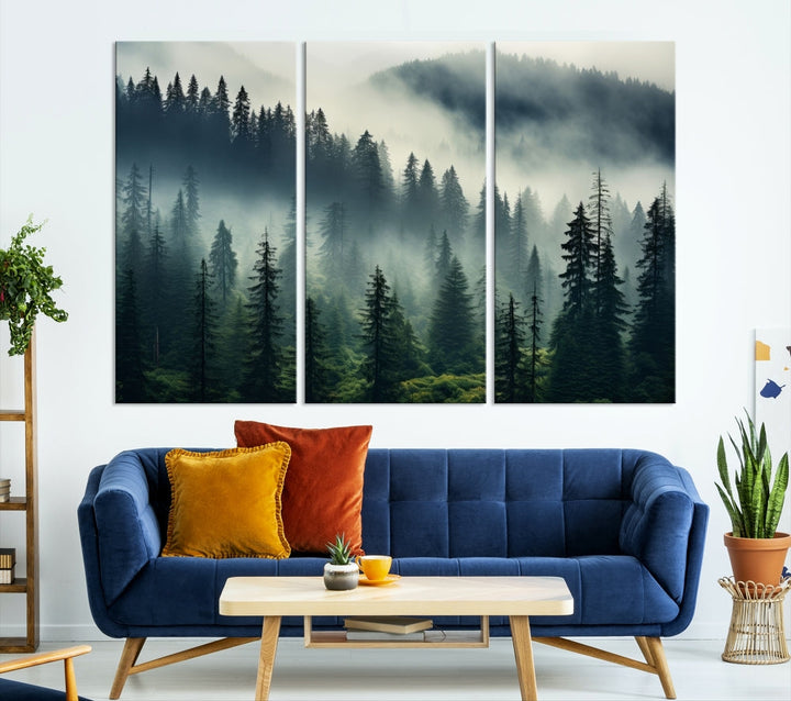 The Captivating Misty Forest Wall Art Premium Canvas Print creates a foggy and serene atmosphere in the living room. Each canvas is ready to hang and comes with a UV-protective coating to ensure lasting beauty.