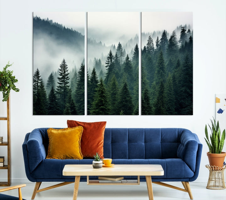 The Captivating Misty Forest Wall Art Premium Canvas Print portrays a foggy and serene atmosphere. This enchanting piece is displayed across three panels, each gallery wrapped for a seamless, sophisticated look.