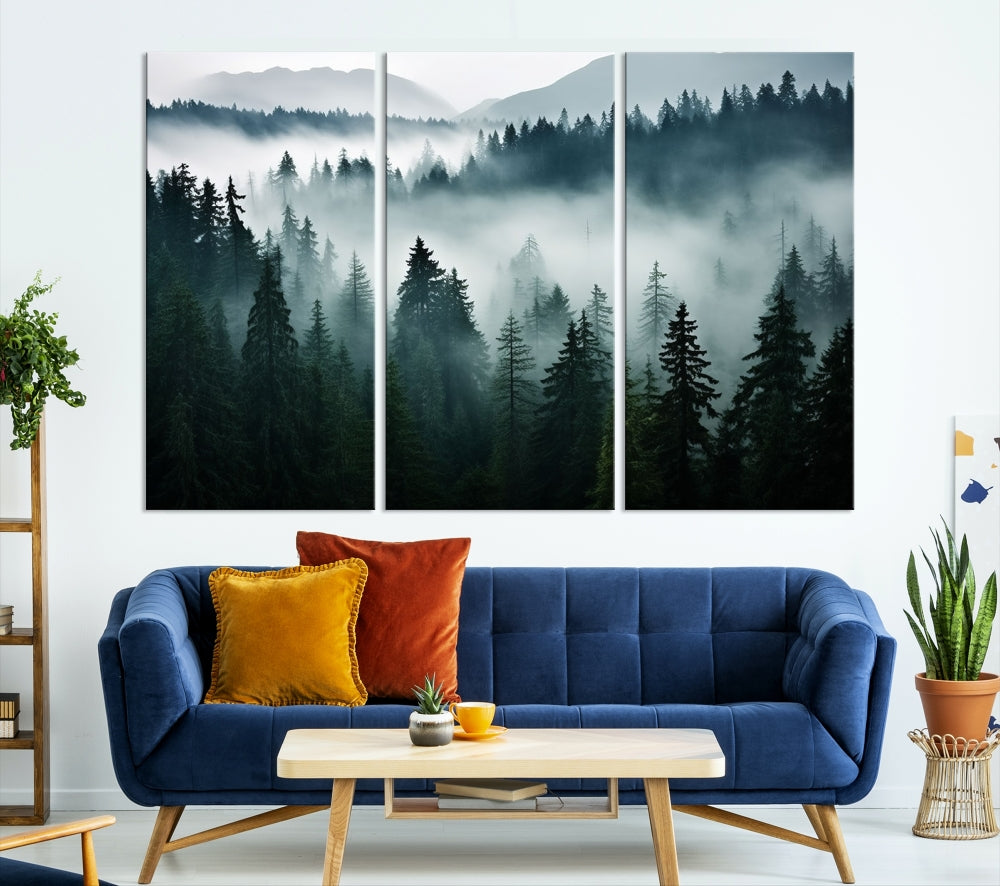 The Captivating Misty Forest Wall Art Premium Canvas Print, featuring a foggy and serene atmosphere on museum-quality canvases with a UV-protective coating, adorns the wall.