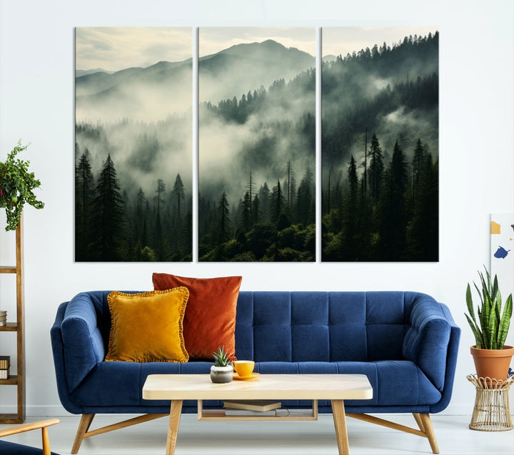 The "Captivating Misty Forest" wall art is a three-panel masterpiece that brings a foggy and serene atmosphere to the space. Printed on museum-quality canvas with a UV-protective coating, this piece offers an inviting and modern touch, ready to hang.