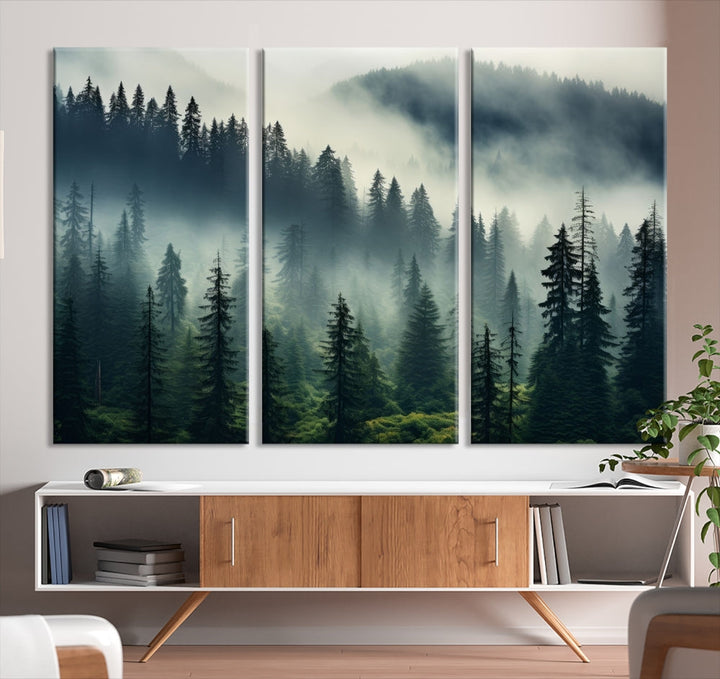 The Captivating Misty Forest Wall Art Premium Canvas Print creates a foggy and serene atmosphere in the living room. Each canvas is ready to hang and comes with a UV-protective coating to ensure lasting beauty.