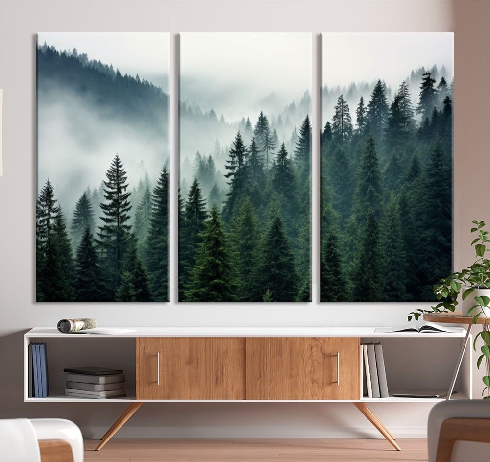 The Captivating Misty Forest Wall Art Premium Canvas Print portrays a foggy and serene atmosphere. This enchanting piece is displayed across three panels, each gallery wrapped for a seamless, sophisticated look.