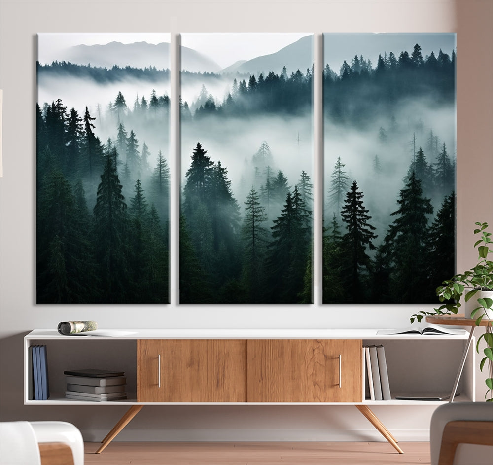 The Captivating Misty Forest Wall Art Premium Canvas Print, featuring a foggy and serene atmosphere on museum-quality canvases with a UV-protective coating, adorns the wall.