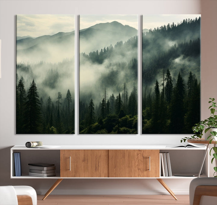 The "Captivating Misty Forest" wall art is a three-panel masterpiece that brings a foggy and serene atmosphere to the space. Printed on museum-quality canvas with a UV-protective coating, this piece offers an inviting and modern touch, ready to hang.