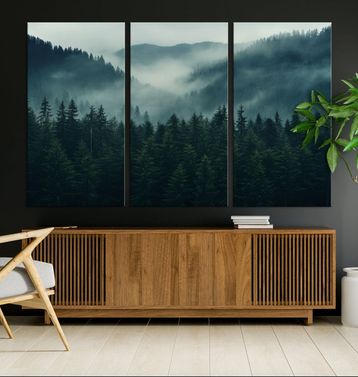 The Captivating Misty Forest Wall Art Premium Canvas Print adds a foggy and serene atmosphere to the living room with its large triptych on gallery-wrapped museum-quality canvas.