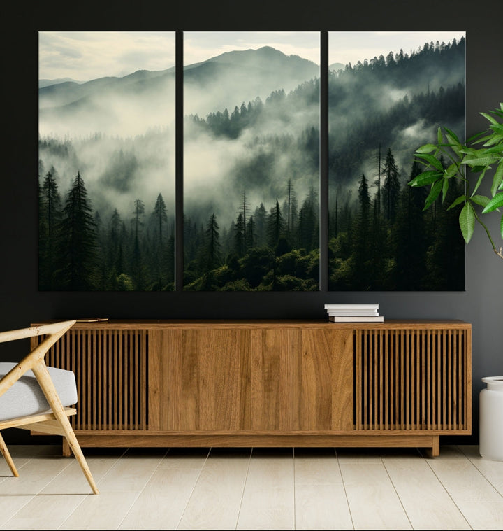 The "Captivating Misty Forest" wall art is a three-panel masterpiece that brings a foggy and serene atmosphere to the space. Printed on museum-quality canvas with a UV-protective coating, this piece offers an inviting and modern touch, ready to hang.