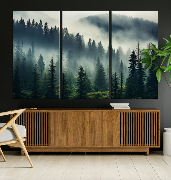 The Captivating Misty Forest Wall Art Premium Canvas Print creates a foggy and serene atmosphere in the living room. Each canvas is ready to hang and comes with a UV-protective coating to ensure lasting beauty.