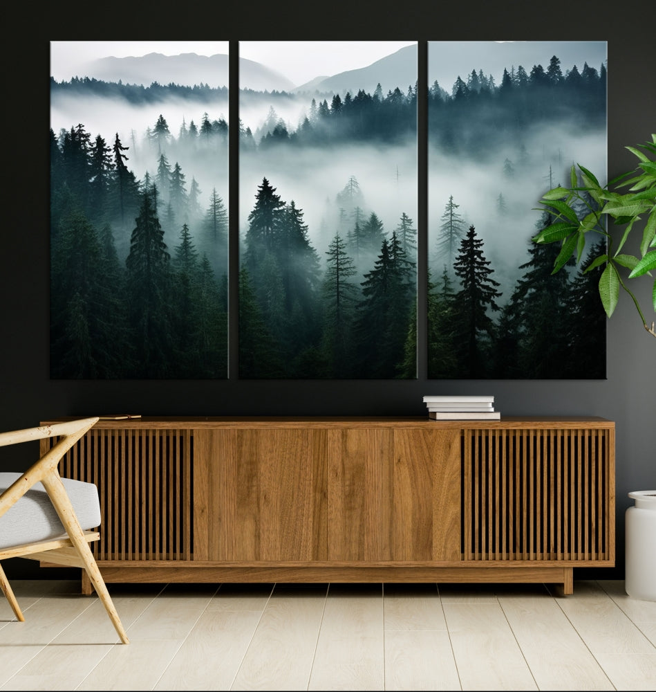 The Captivating Misty Forest Wall Art Premium Canvas Print, featuring a foggy and serene atmosphere on museum-quality canvases with a UV-protective coating, adorns the wall.